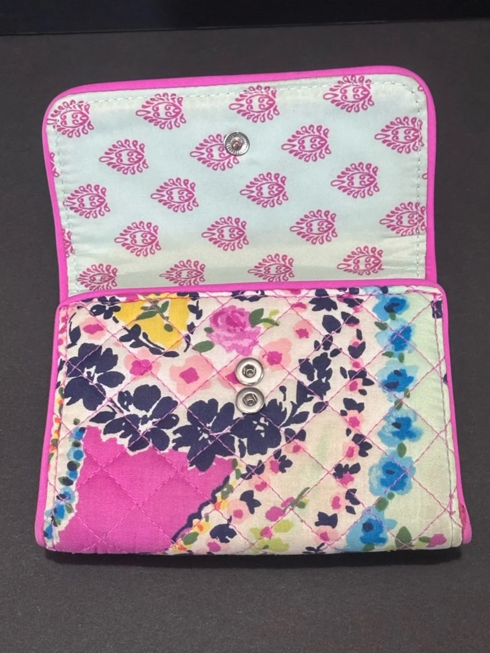 Vera Bradley Quilted Floral Trifold Wallet in Dusted Mint, Pink and Blue (RFID) - Picture 5 of 7